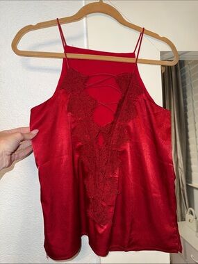 Red Lace-Trim Satin Cami with Strappy Back - Women Intimates
